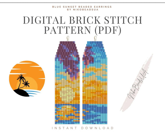 Blue Sunset Brick Stitch pattern for fringe beaded earrings - NikoBeadsUA
