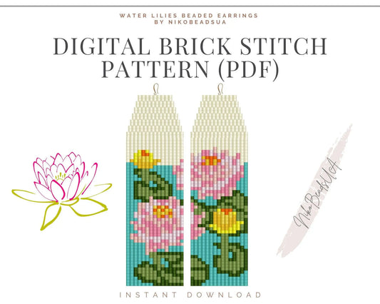 Water Lilies Brick Stitch pattern for fringe beaded earrings - NikoBeadsUA