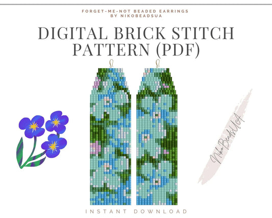 Forget Me Not Brick Stitch pattern for fringe beaded earrings - NikoBeadsUA