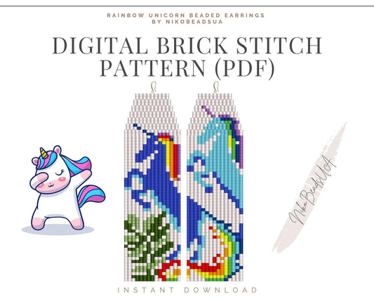 Rainbow Unicorn Brick Stitch pattern for fringe beaded earrings - NikoBeadsUA