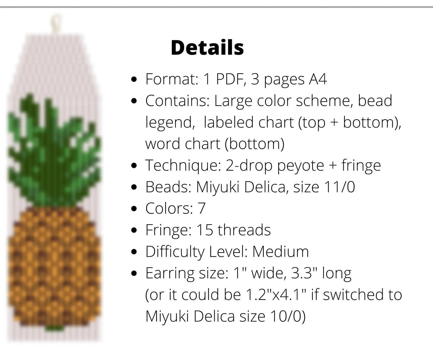 Pineapple Brick Stitch pattern for fringe beaded earrings - NikoBeadsUA