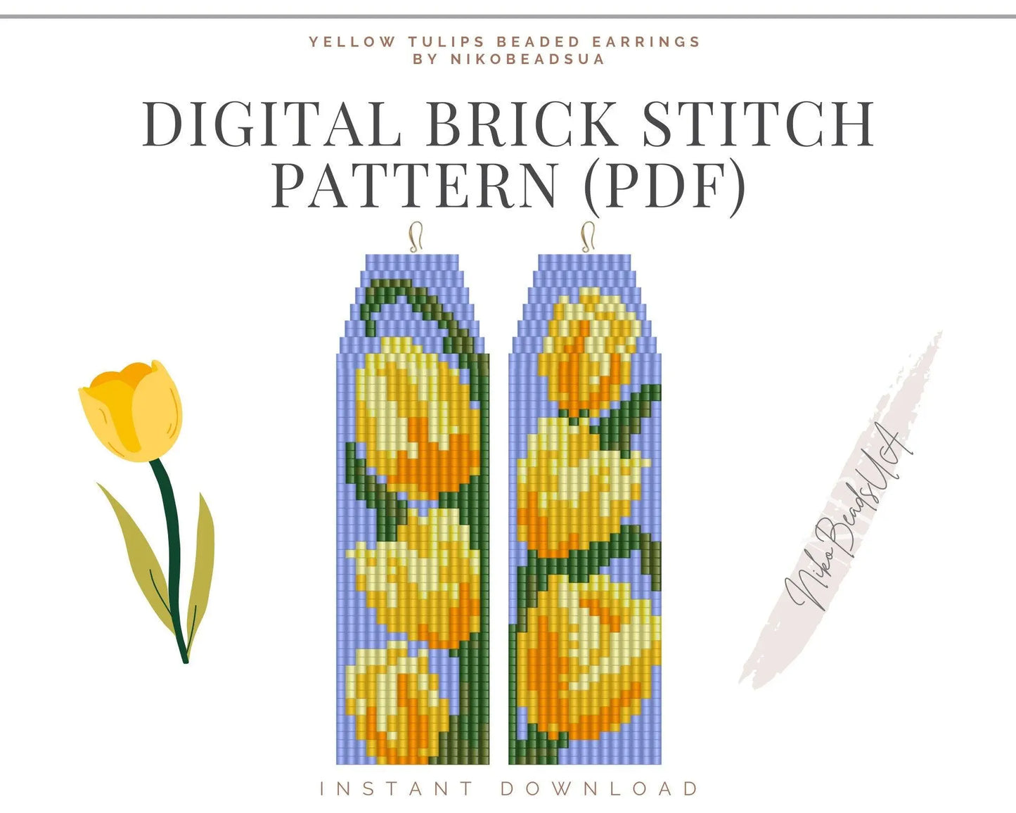 Yellow Tulips Brick Stitch pattern for fringe beaded earrings - NikoBeadsUA