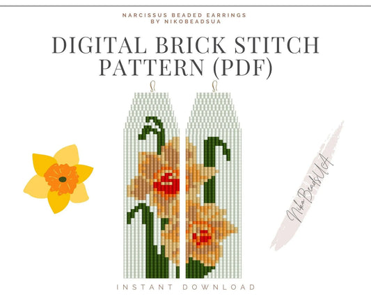 Narcissus Brick Stitch pattern for fringe beaded earrings - NikoBeadsUA
