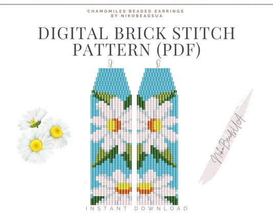 Bright Chamomiles Brick Stitch pattern for fringe beaded earrings - NikoBeadsUA