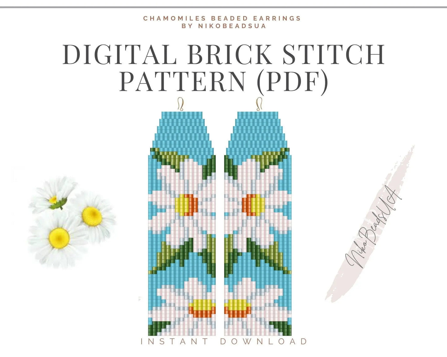 Bright Chamomiles Brick Stitch pattern for fringe beaded earrings - NikoBeadsUA