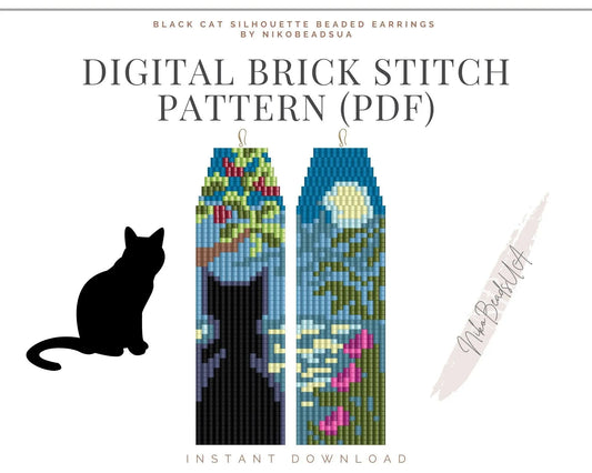 Black Cat Silhouette Brick Stitch pattern for fringe beaded earrings - NikoBeadsUA