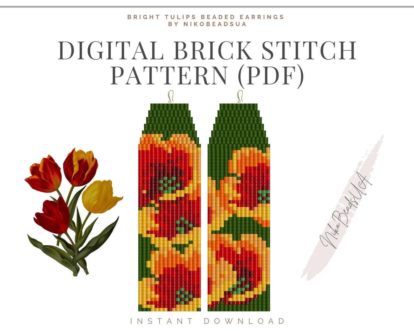 Bright Tulips Brick Stitch pattern for fringe beaded earrings - NikoBeadsUA