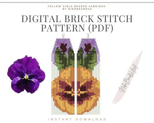 Yellow Pansy Brick Stitch pattern for fringe beaded earrings - NikoBeadsUA