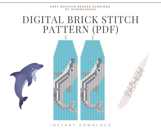 Grey Dolphin Brick Stitch pattern for fringe beaded earrings - NikoBeadsUA