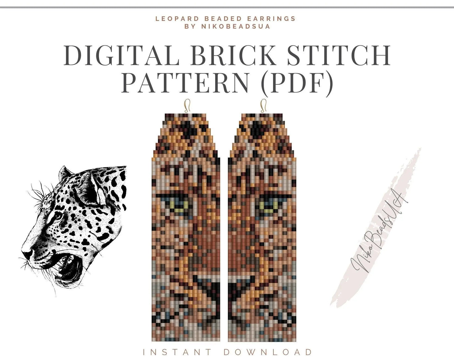 Leopard Face Brick Stitch pattern for fringe beaded earrings - NikoBeadsUA