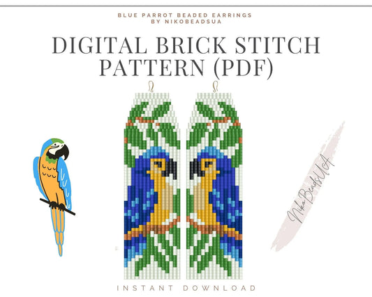 Blue Parrot Brick Stitch pattern for fringe beaded earrings - NikoBeadsUA