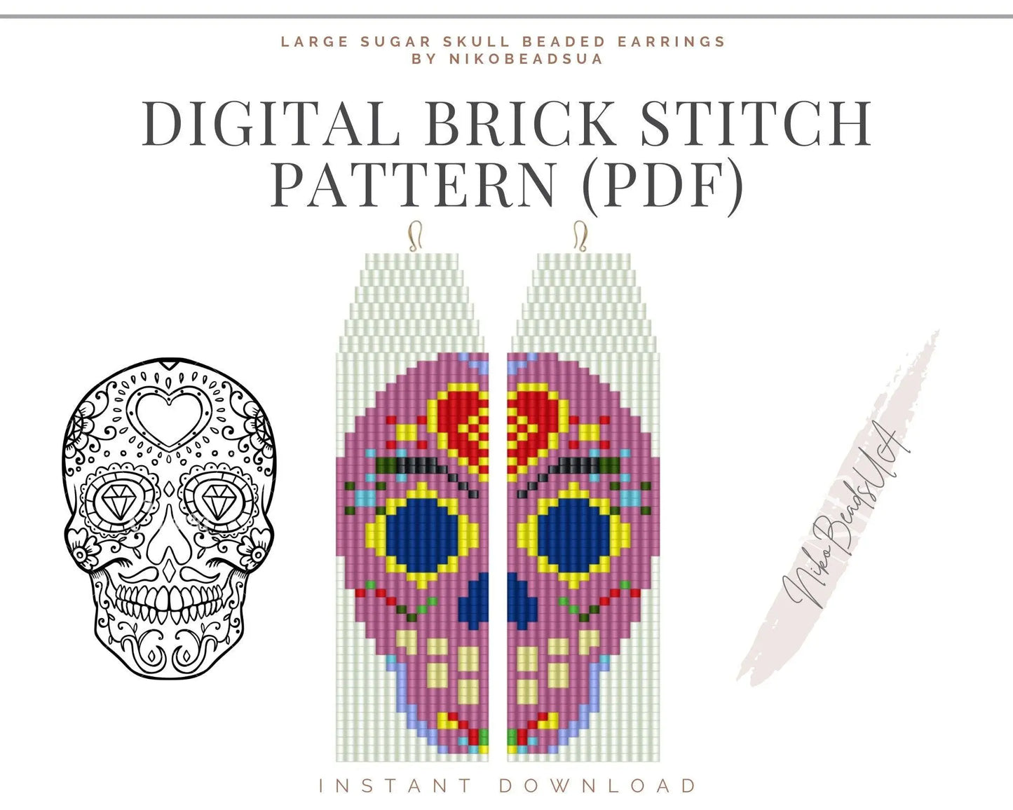 Large Sugar Skull Brick Stitch pattern for fringe beaded earrings - NikoBeadsUA