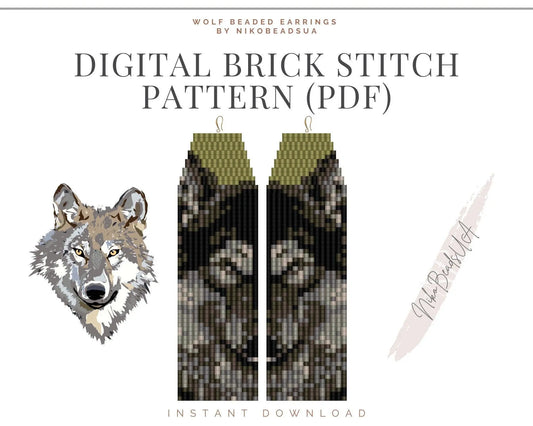 Wolf Face Brick Stitch pattern for fringe beaded earrings - NikoBeadsUA