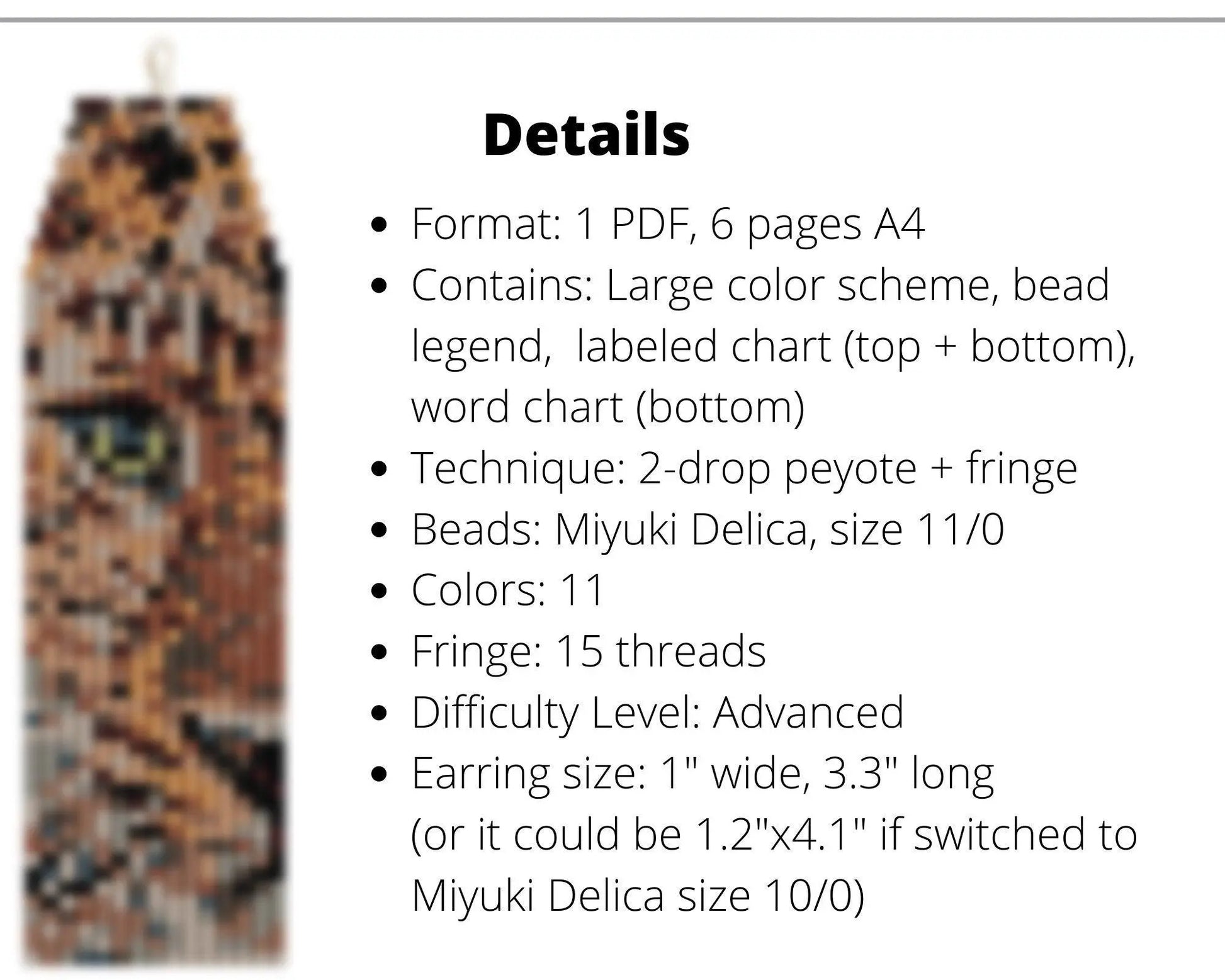 Leopard Face Brick Stitch pattern for fringe beaded earrings - NikoBeadsUA