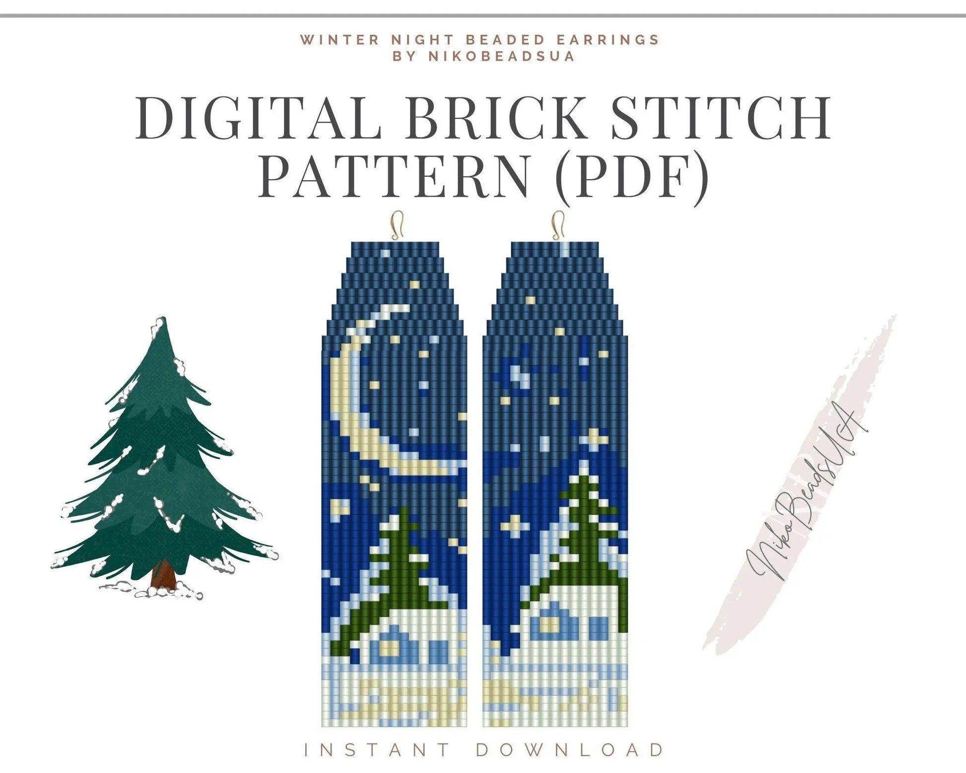 Winter Night Brick Stitch pattern for fringe beaded earrings - NikoBeadsUA