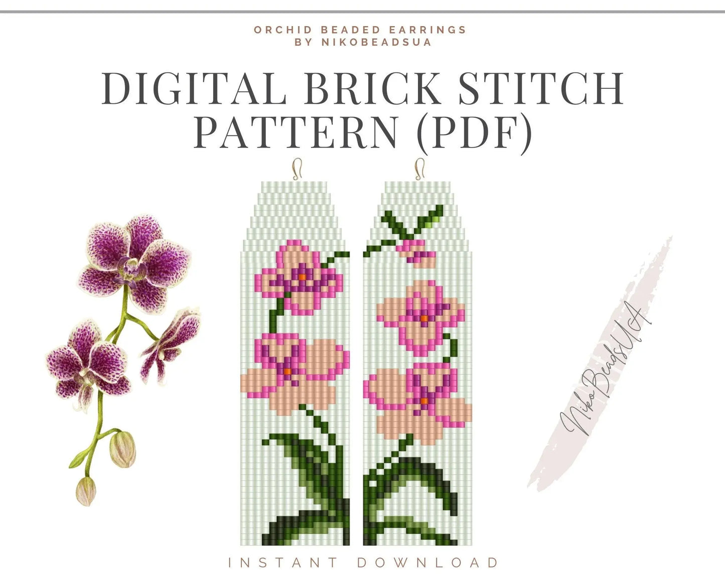 Orchid Brick Stitch pattern for fringe beaded earrings - NikoBeadsUA