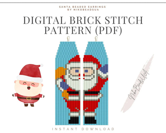 Large Santa Brick Stitch pattern for fringe beaded earrings, Christmas pattern, DIY beaded earrings pattern for Miyuki Delica - NikoBeadsUA