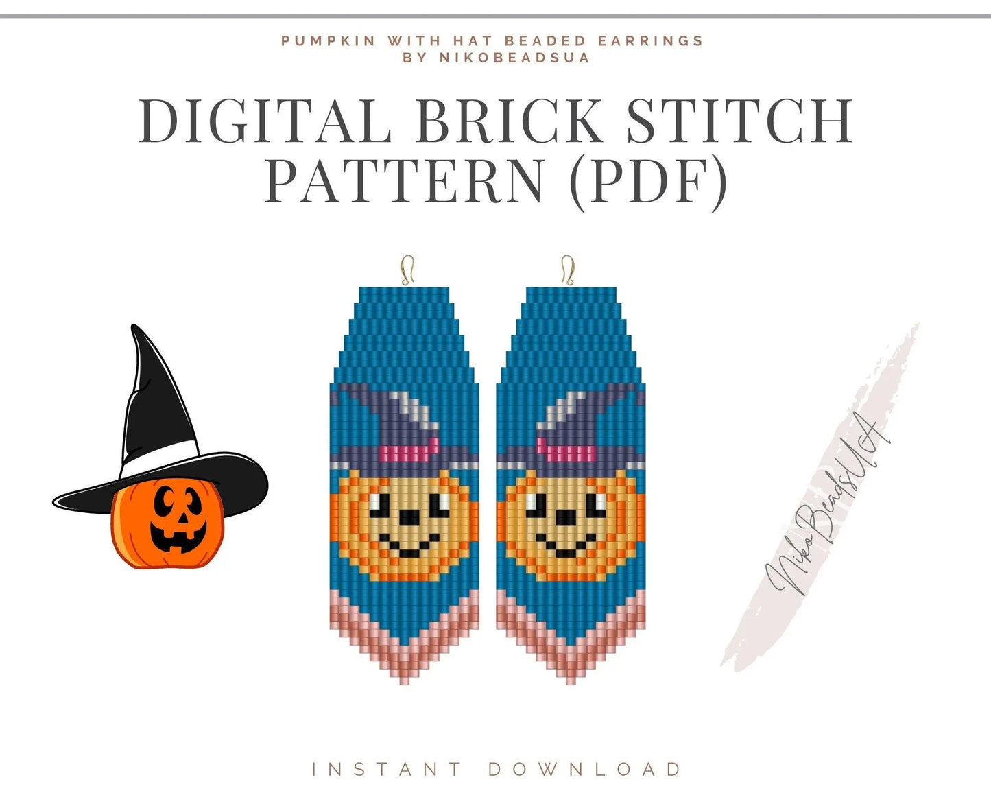 Halloween Pumpkin with Hat Brick Stitch pattern for fringe beaded earrings - NikoBeadsUA