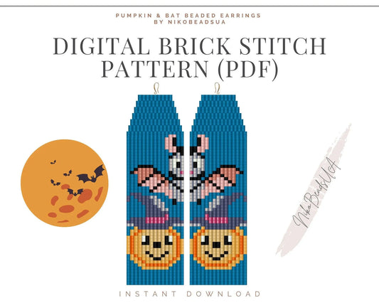 Halloween Pumpkin and Bat Brick Stitch pattern for fringe beaded earrings - NikoBeadsUA