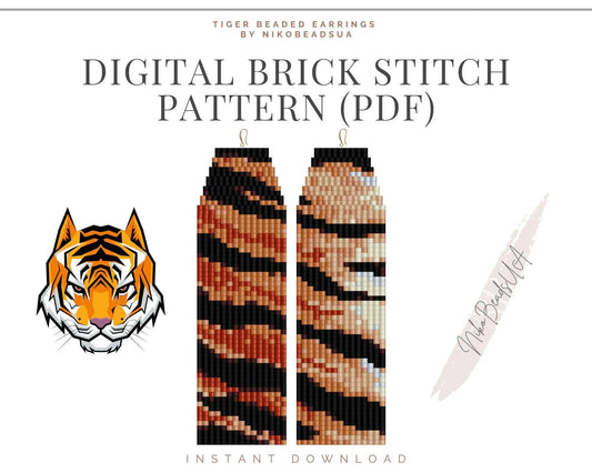 Tiger Asymmetrical Brick Stitch pattern for fringe beaded earrings - NikoBeadsUA