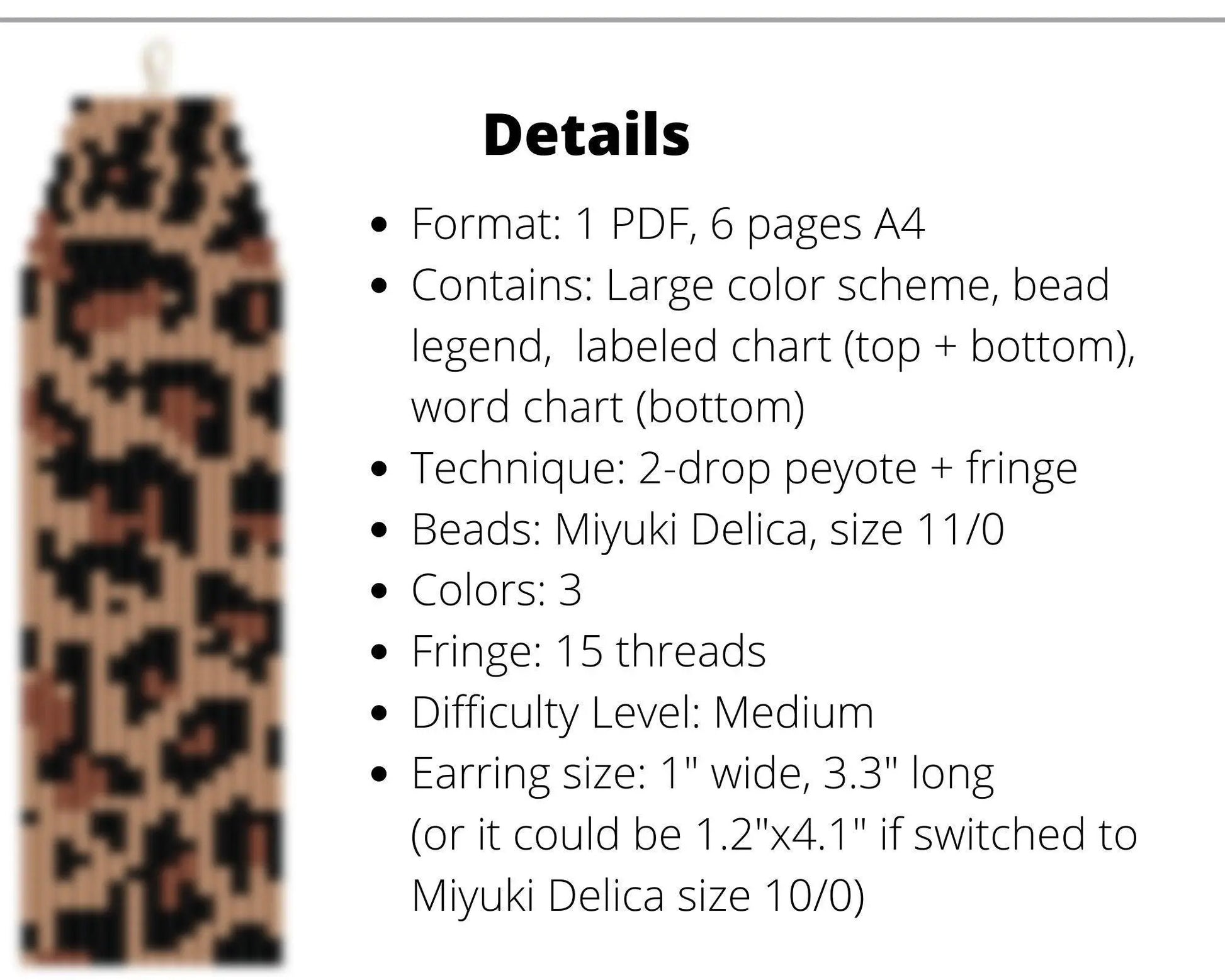 Leopard Asymmetrical Brick Stitch pattern for fringe beaded earrings - NikoBeadsUA