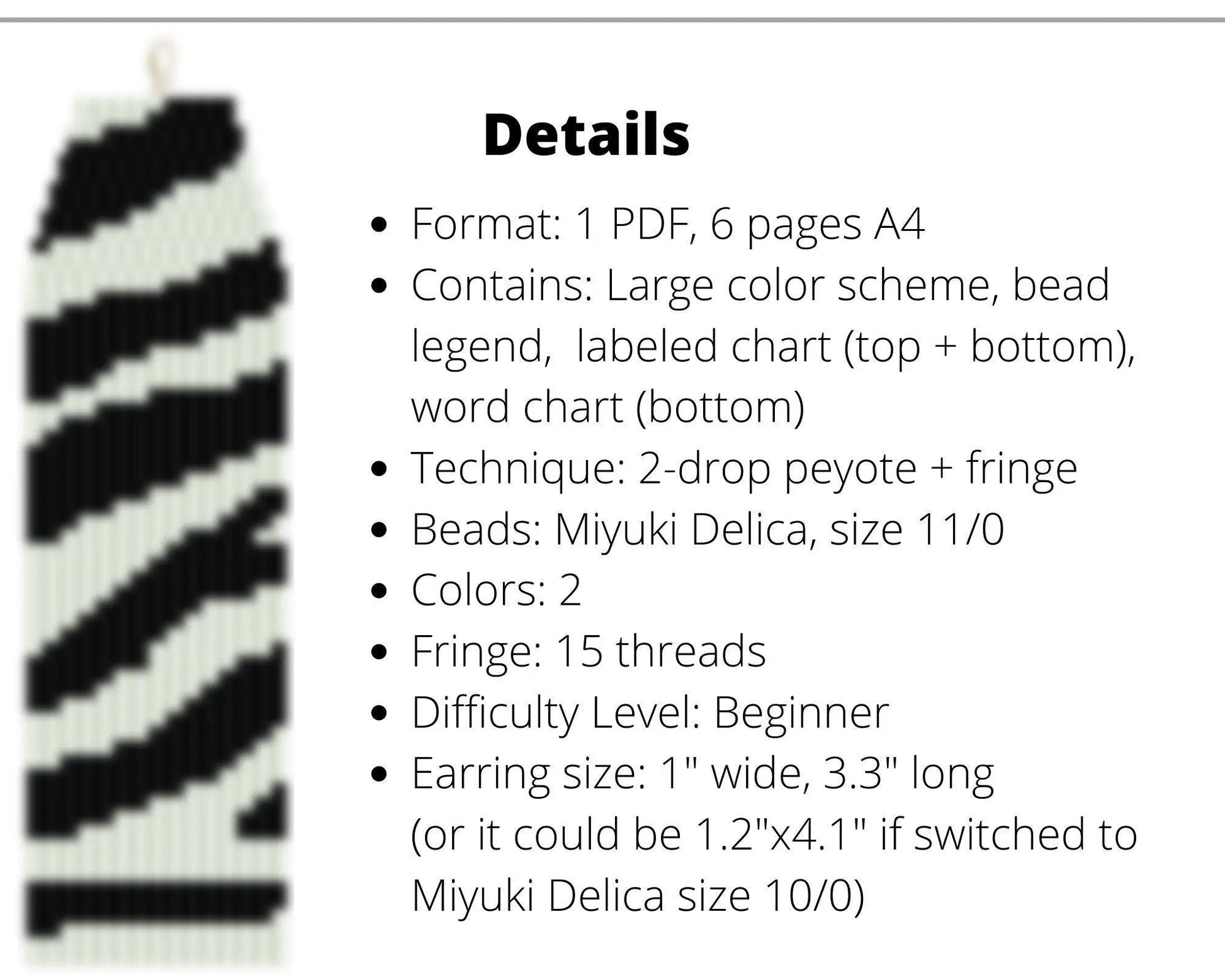 Zebra Brick Stitch pattern for fringe beaded earrings - asymmetrical - NikoBeadsUA