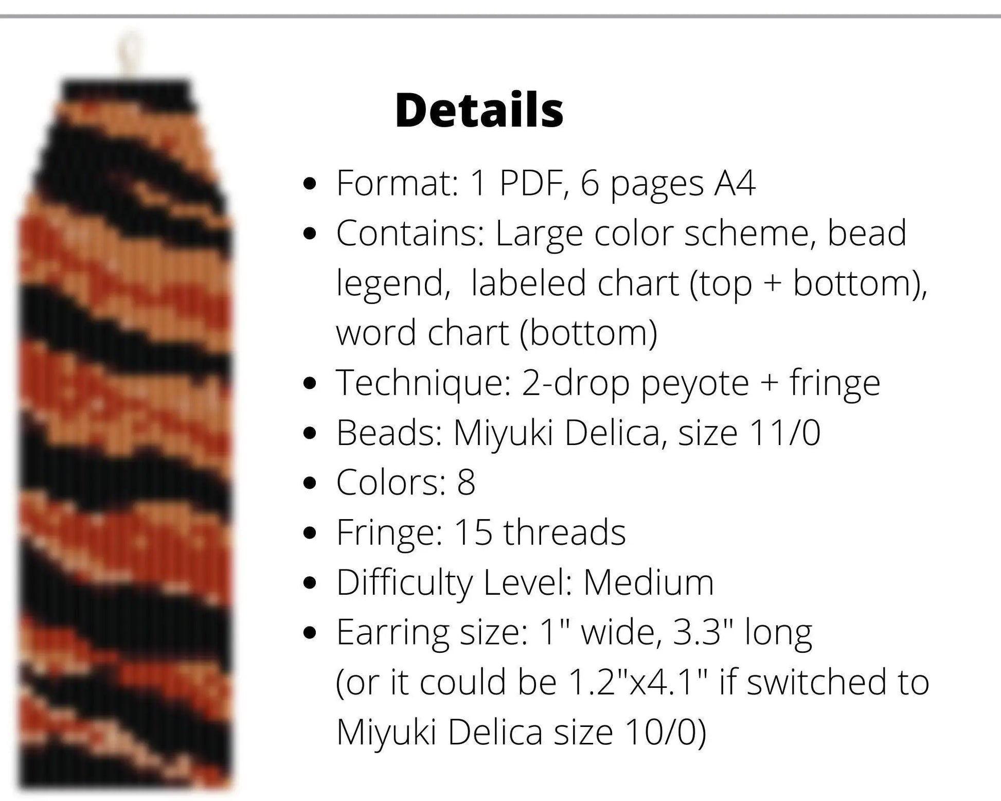 Tiger Asymmetrical Brick Stitch pattern for fringe beaded earrings - NikoBeadsUA