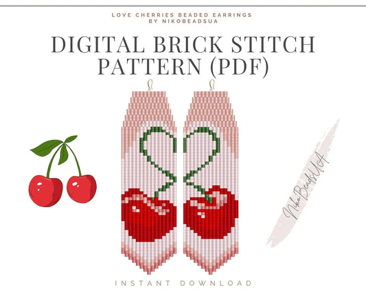 Love Cherries Brick Stitch pattern for fringe beaded earrings - NikoBeadsUA