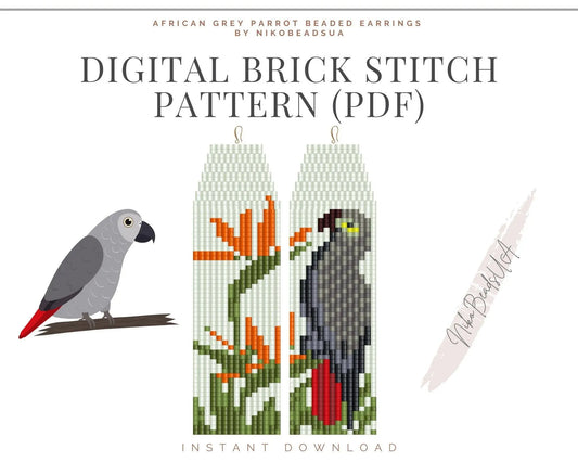 African Grey Parrot Brick Stitch pattern for fringe beaded earrings - NikoBeadsUA