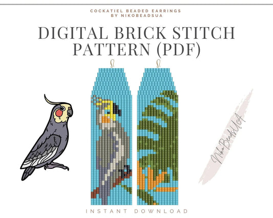 Cockatiel Parrot Brick Stitch pattern for fringe beaded earrings - NikoBeadsUA