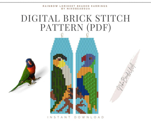 Rainbow Lorikeet Brick Stitch pattern for fringe beaded earrings - NikoBeadsUA