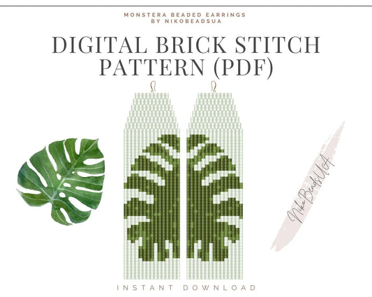 Monstera Brick Stitch pattern for fringe beaded earrings - NikoBeadsUA