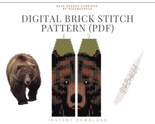 Bear Face Brick Stitch pattern for fringe beaded earrings - NikoBeadsUA