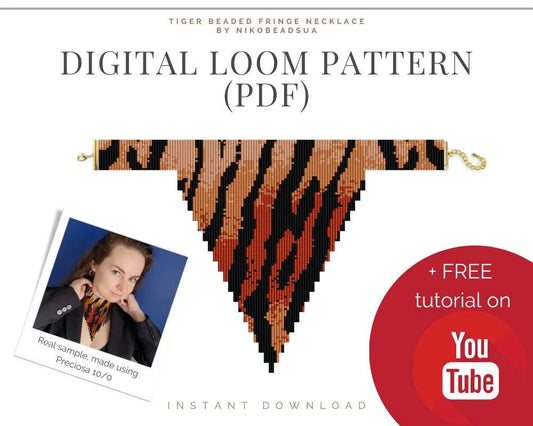 Tiger Stripe Beaded Loom Necklace Pattern with Fringe - DIY Jewelry Tutorial - NikoBeadsUA