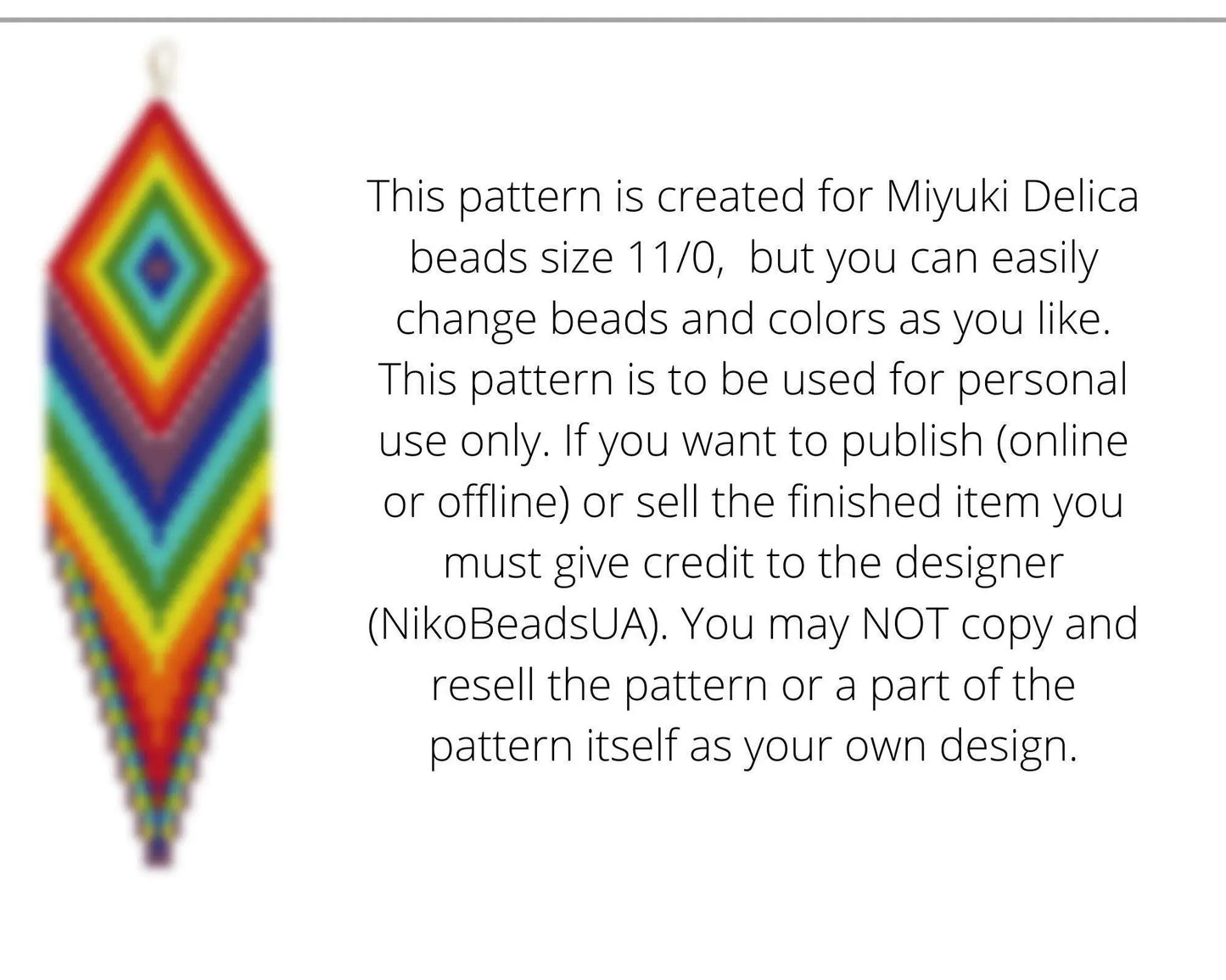 Rainbow Brick Stitch pattern for fringe beaded earrings with diamond top - NikoBeadsUA