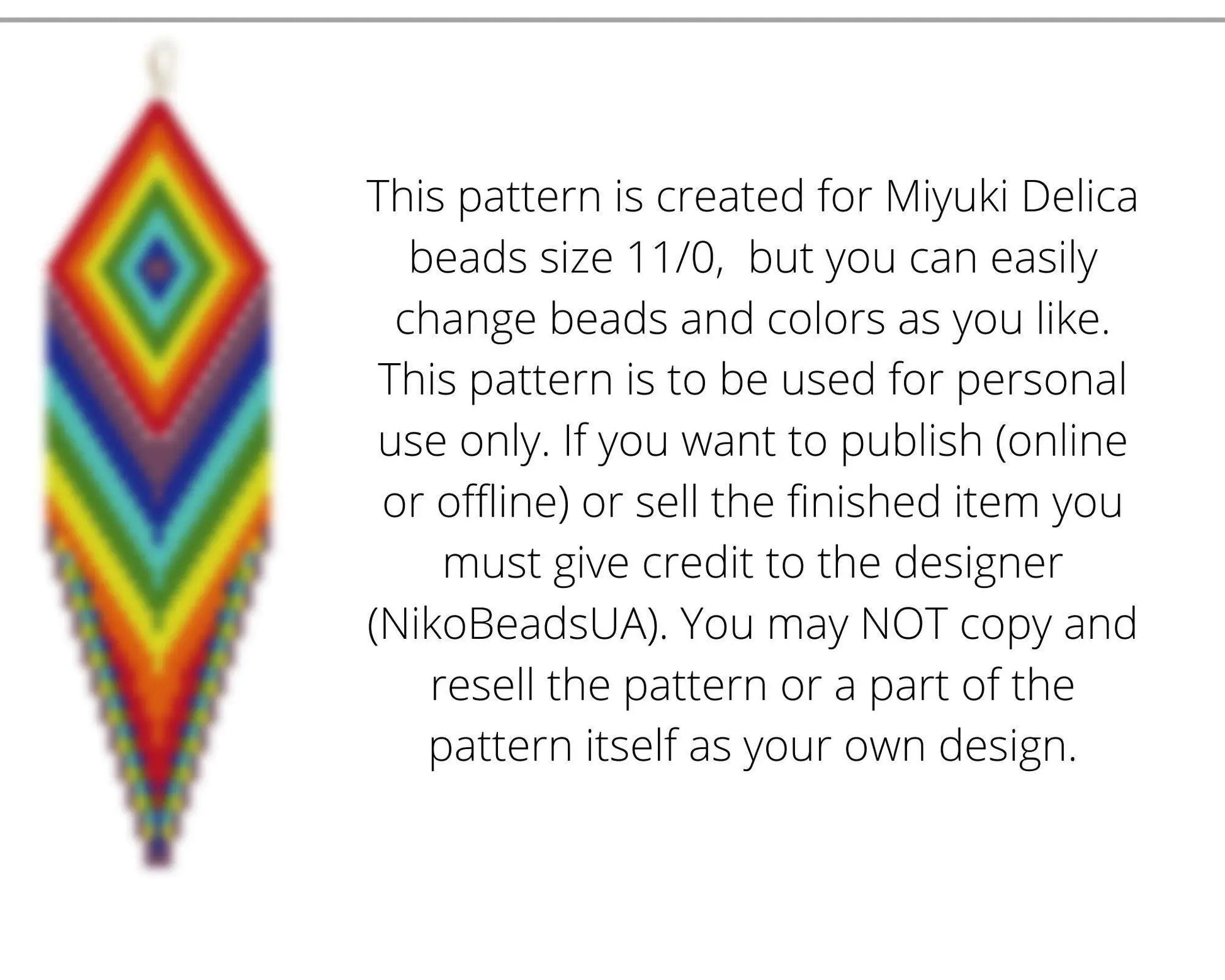 Rainbow Brick Stitch pattern for fringe beaded earrings with diamond top - NikoBeadsUA