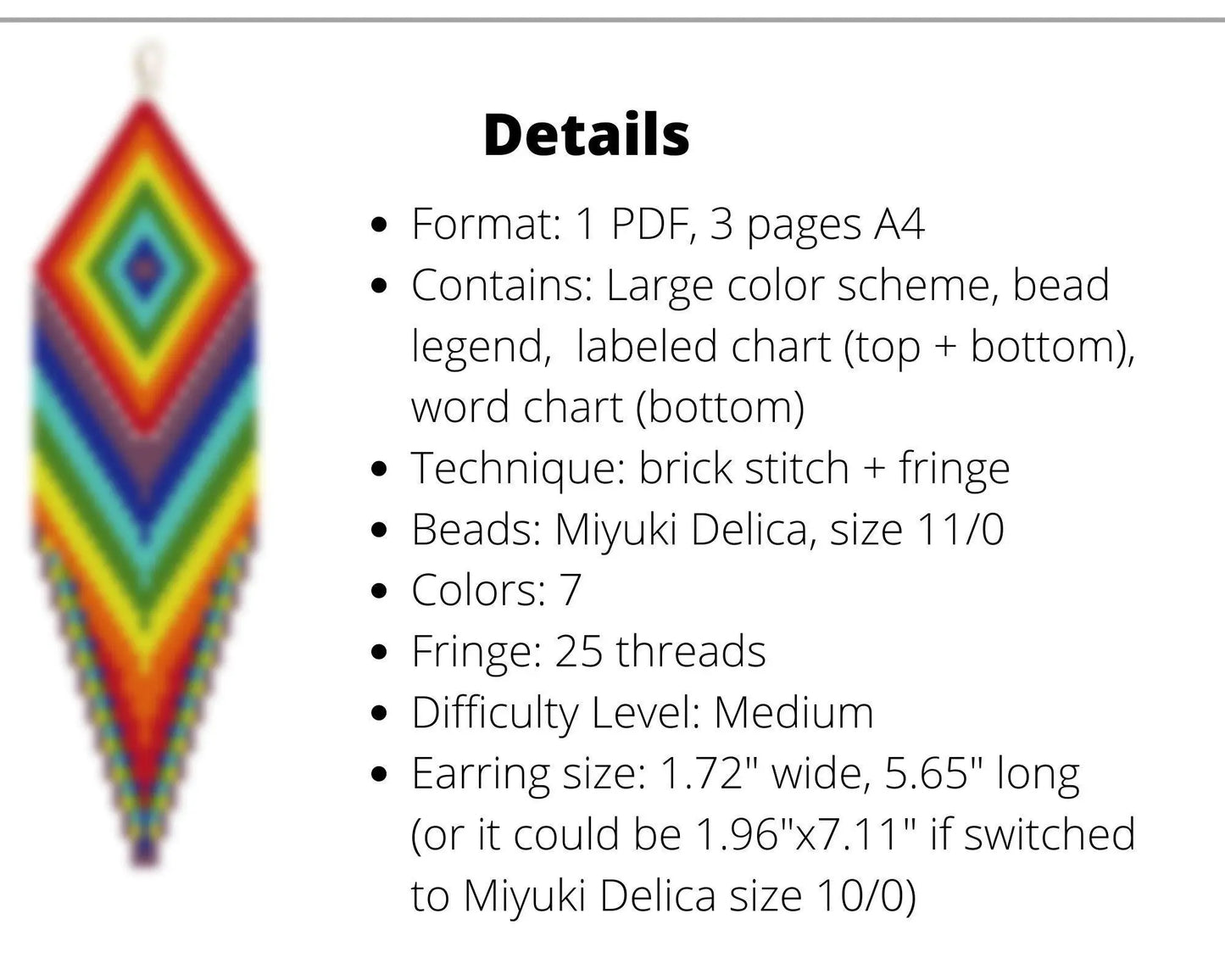 Rainbow Brick Stitch pattern for fringe beaded earrings with diamond top - NikoBeadsUA