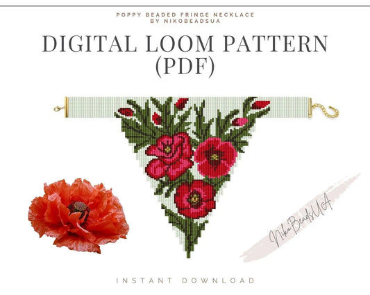 Poppy Beaded Loom Fringe Necklace Pattern - DIY Boho Jewelry - NikoBeadsUA