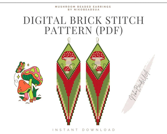 Mushroom Brick Stitch pattern for fringe beaded earrings with diamond top - NikoBeadsUA