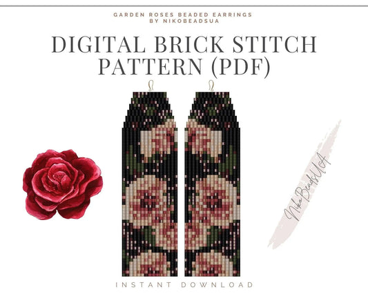 Garden Roses Brick Stitch pattern for fringe beaded earrings - NikoBeadsUA