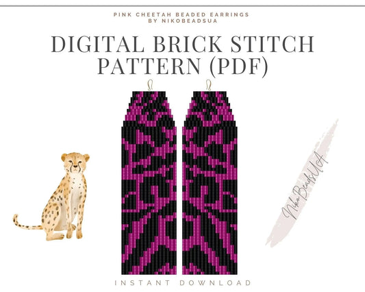 Hot Pink Cheetah Brick Stitch pattern for fringe beaded earrings - NikoBeadsUA