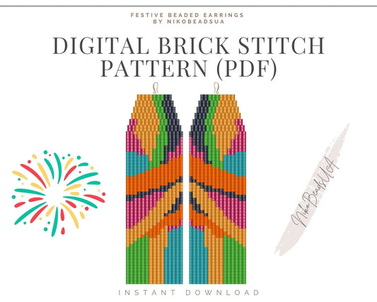 Festive Brick Stitch pattern for fringe beaded earrings - NikoBeadsUA