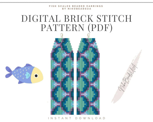 Fish Scales Brick Stitch pattern for fringe beaded earrings - NikoBeadsUA