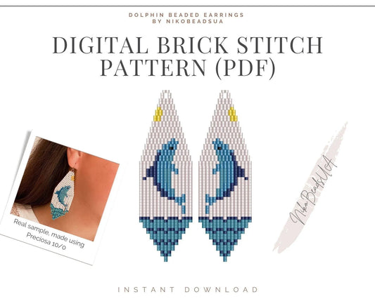 Dolphin Brick Stitch pattern for fringe beaded earrings - NikoBeadsUA