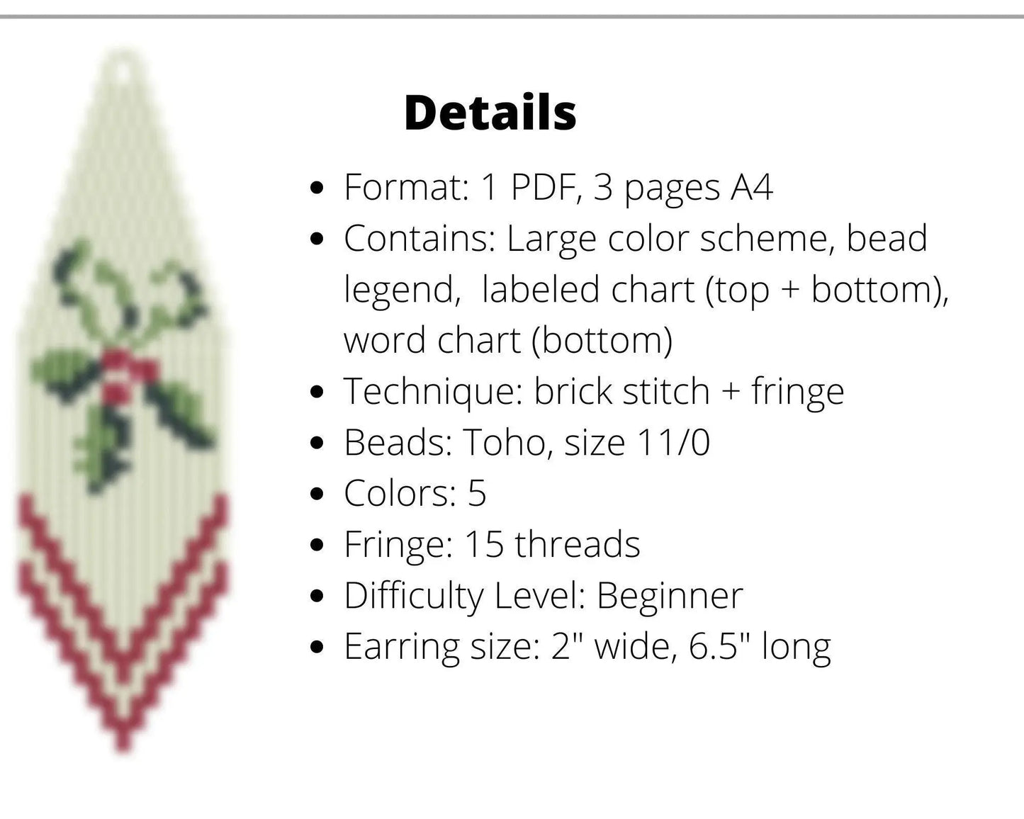 Christmas Holly Brick Stitch pattern for beaded fringe earrings - NikoBeadsUA