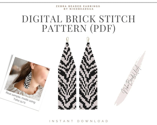 Zebra Brick Stitch pattern for fringe beaded earrings - Preciosa - NikoBeadsUA