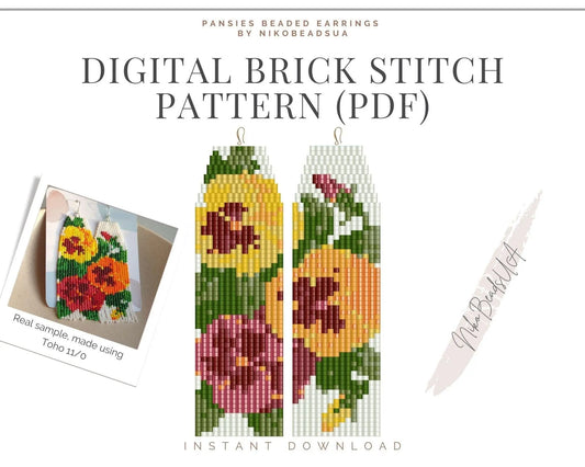 Pansies Brick Stitch pattern for fringe beaded earrings, viola pattern - NikoBeadsUA