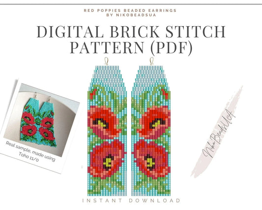 Red Poppies Brick Stitch pattern for fringe beaded earrings - NikoBeadsUA