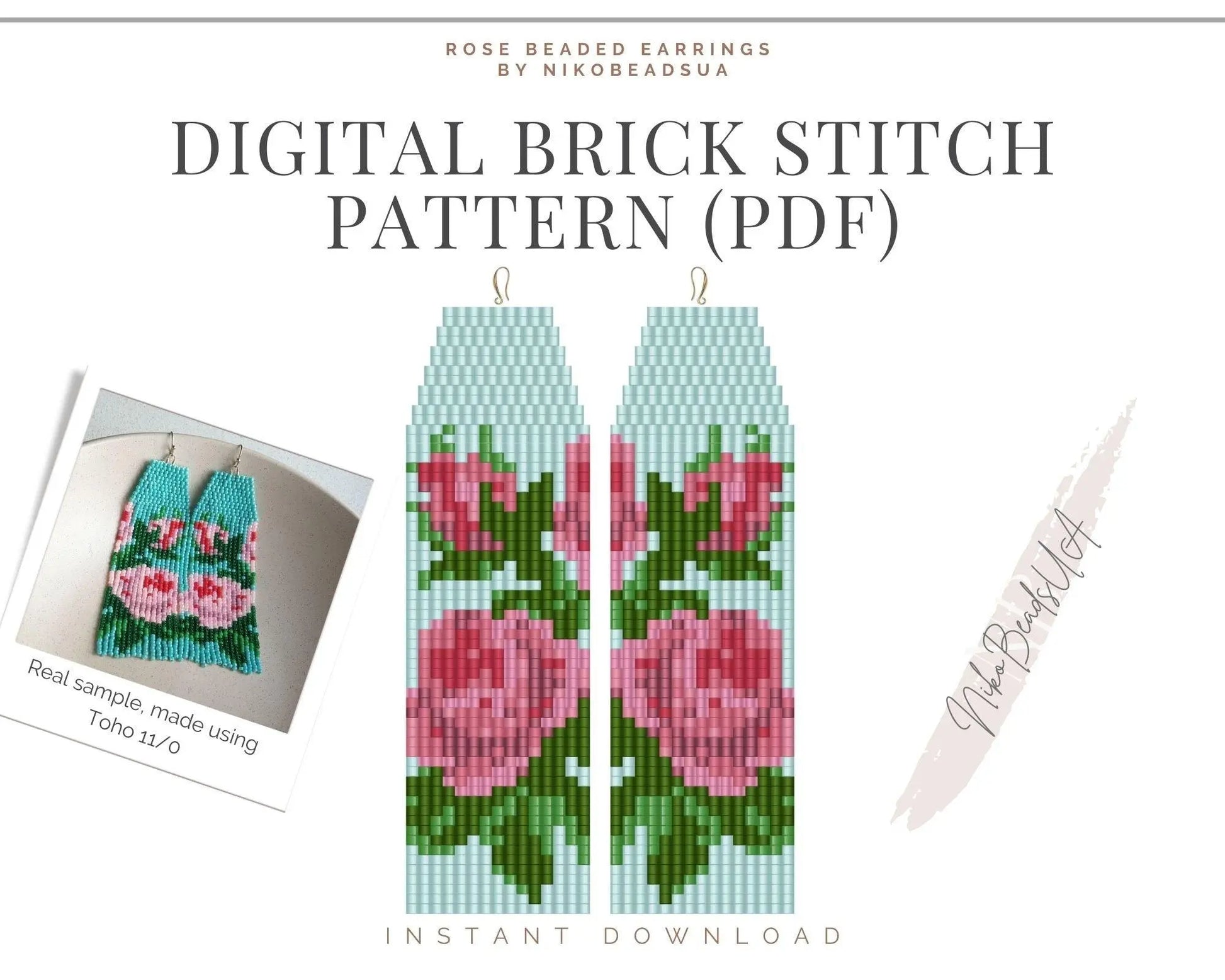 Rose Brick Stitch pattern for fringe beaded earrings - NikoBeadsUA