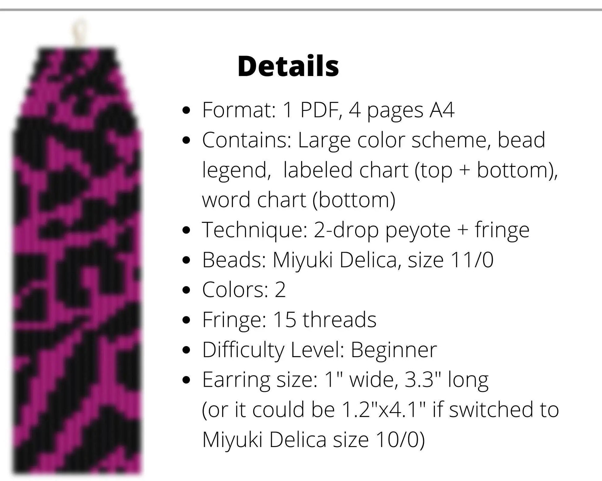 Hot Pink Cheetah Brick Stitch pattern for fringe beaded earrings - NikoBeadsUA